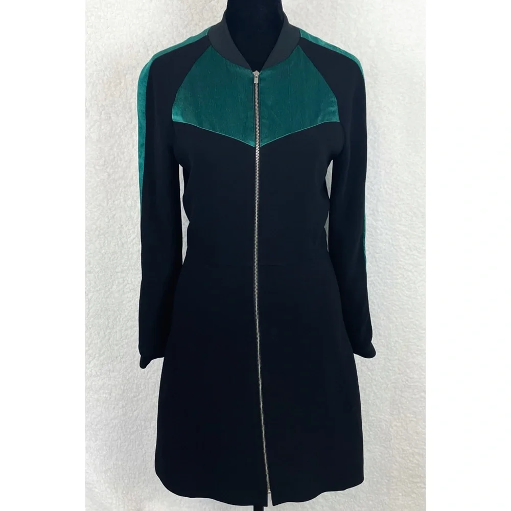 MAJE • Black/Green Rizia Contrast-Inset A-Line Long Sleeve Mini Dress, S - Picture 13 of 16